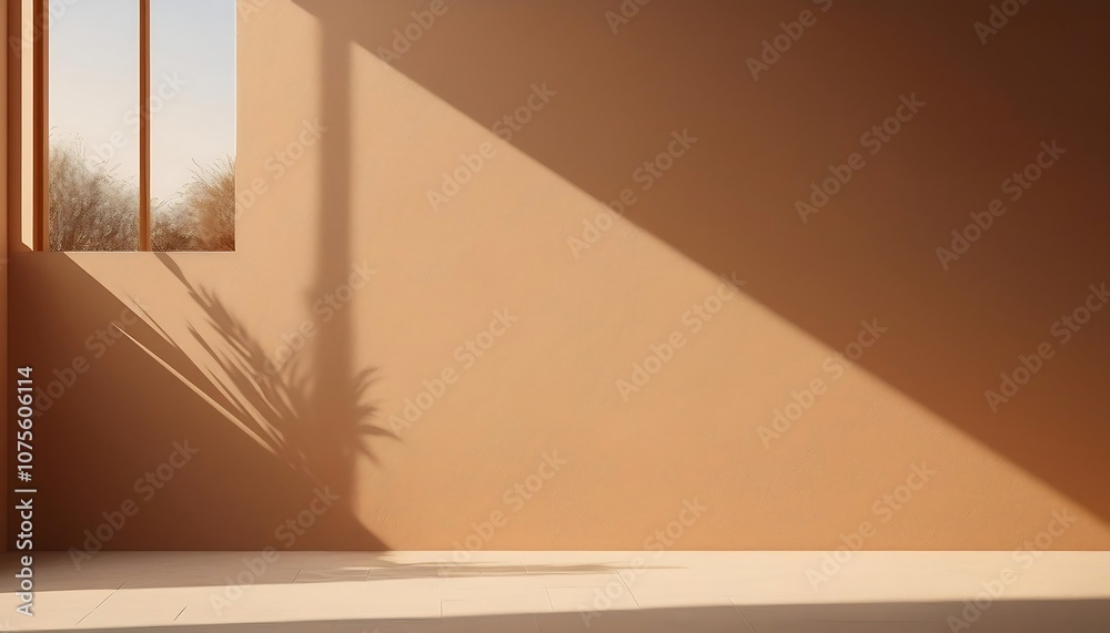 Poster a geometric window shadow falls across a light brown wall with subtle textural depth and mi_1(310)