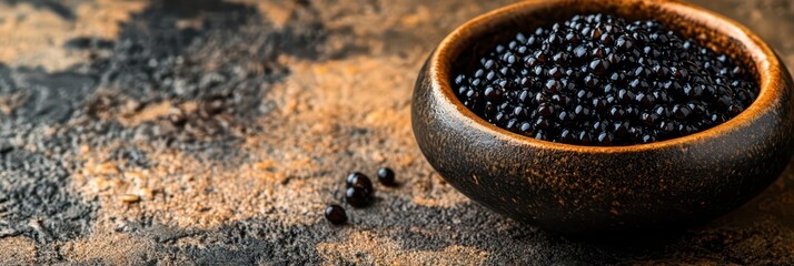 Gourmet caviar presentation in elegant dishware for luxury dining experience. Horizontal banner. Copy space. Black caviar. Close-up. Flat lay