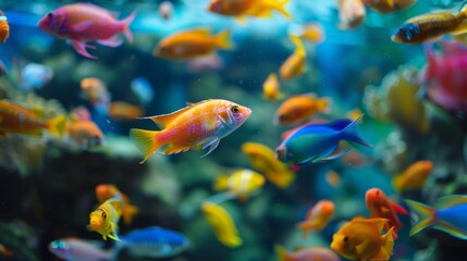 A small quiet room with a tank filled with vibrant colorful tropical fish providing a tranquil atmosphere for meditation and reflection.