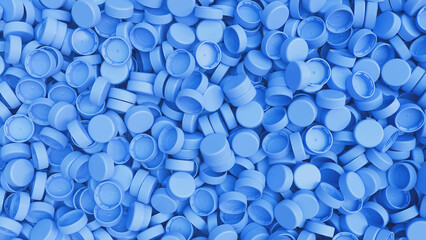 Top view on a pile of light blue plastic bottle caps. Plastic industry product. Garbage reuse. 3d render illustration