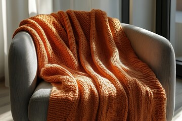 Cozy knitted orange blanket on modern armchair