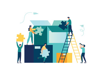 Business concept. Team metaphor. people connecting puzzle elements. Vector illustration flat design style. Symbol of teamwork, cooperation, partnership vector