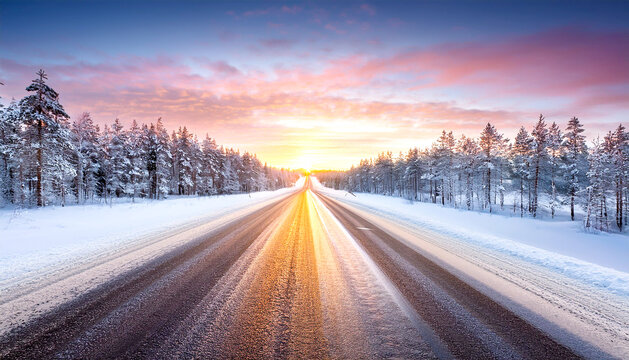 Roadtrip im Winter, fahren in den Sonnenuntergang