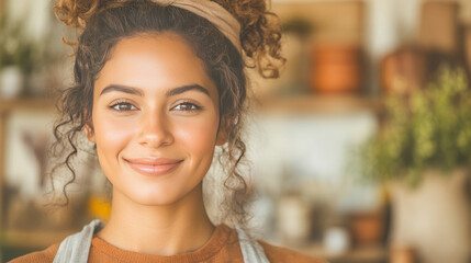 A young woman with curly hair smiles warmly at the camera.