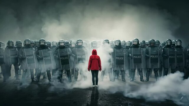Single protester in a red hoodie stands defiantly facing a line of riot police in heavy armor, symbolizing resistance, courage, and social tension