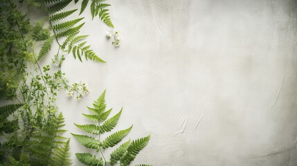 Obraz premium An artistic minimalist layout of fern leaves and small wildflowers on white textured backdrop 