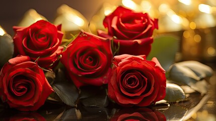 Obraz premium Classic red roses elegantly placed on a reflective gold background, creating a romantic ambiance