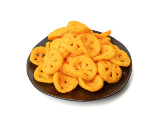 Corn puff snack isolated, crunchy cereal nosh, crispy yellow rice breakfast with paprika