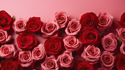 Fototapeta premium Vibrant red roses arranged on a soft pink surface, each petal exuding romance and passion