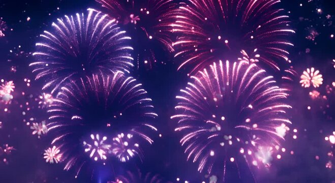 New Years Eve fireworks loop with a real fireworks background that is seamless abstract Fireworks display with bokeh lights and a multicolored golden glow in the night sky video 4K