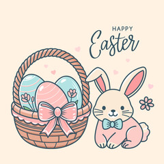 Cute easter bunny with easter basket and eggs. greeting card with hand lettering. vector isolated illustration