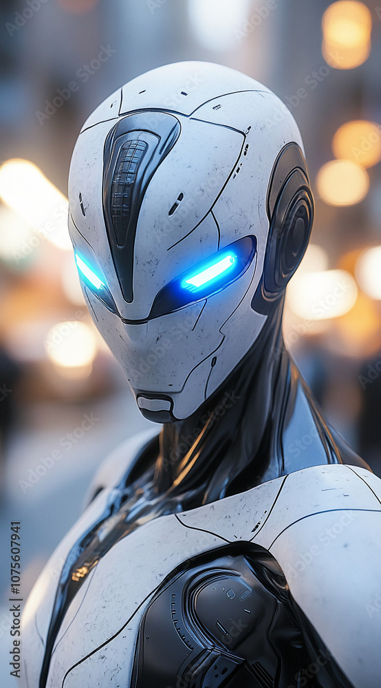 Aufkleber a white and black humanoid robot with blue glowing eyes looks forward, standing in a city setting wi