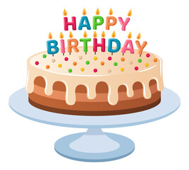 A colorful birthday cake with candles on top of a white plate