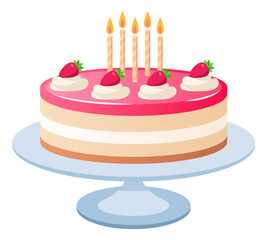 A cake with four candles on top and strawberries on the sides