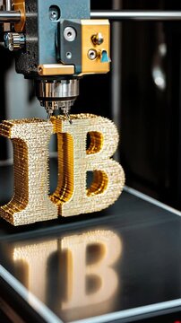 A 3D printer creates the letters IB in gold