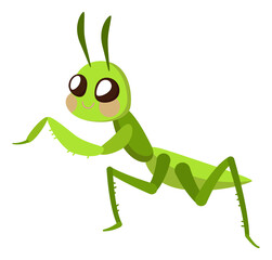A green grasshopper with a smile on its face