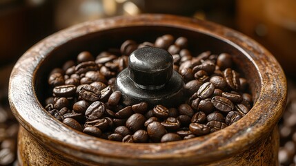 A close-up view of roasted coffee beans in a vintage wooden grinder with a rustic feel