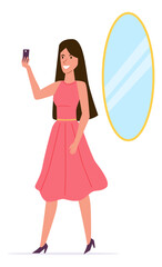 A woman in a pink dress is taking a selfie in front of a mirror