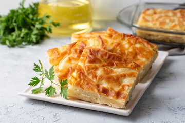 Delicious Turkish food; Tray pastry; (Turkish name; Su boregi)