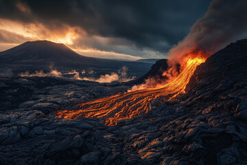 Fototapeta premium Erupting Volcano at Sunset