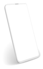 A white cell phone is shown in a white background