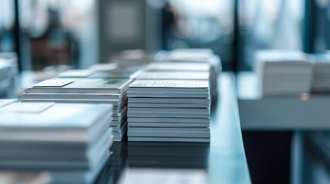 Rows of neatly arranged informational pamphlets brochures and business cards on a sleek modern display table.