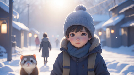 3d anime illustration of a boy and his pet ferret outdoors on a winter's day