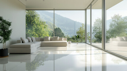 Fototapeta premium Modern minimalist living room with sleek furniture clean lines and neutral colors featuring large windows and natural light