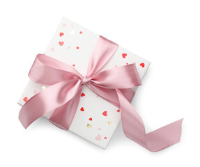 Beautiful gift box with pink bow isolated on white, top view