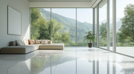 Fototapeta premium Modern minimalist living room with sleek furniture clean lines and neutral colors featuring large windows and natural light