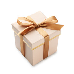 Gift box with golden bow isolated on white