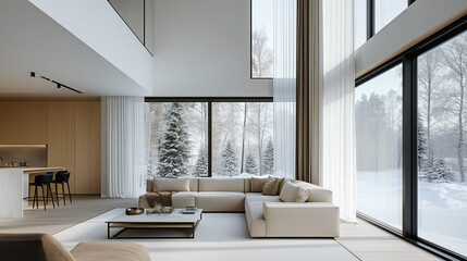 Fototapeta premium Modern minimalist living room with sleek furniture clean lines and neutral colors featuring large windows and natural light