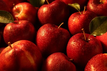 Fresh ripe red apples and green leaves as background, closeup