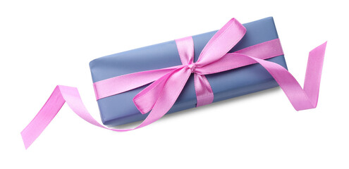 Beautiful gift box with pink bow isolated on white, top view