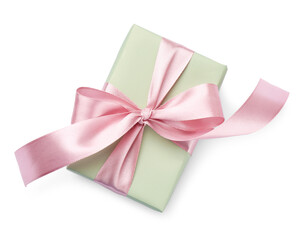 Beautiful gift box with pink bow isolated on white, top view