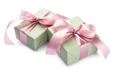 Beautiful gift boxes with pink bows isolated on white