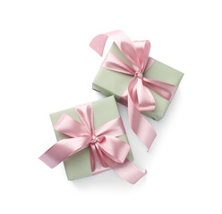 Beautiful gift boxes with pink bows isolated on white, top view
