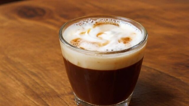 A close-up of a cortado in a small glass, with a perfect balance of espresso and steamed milk, the smooth texture creating a rich, comforting visual, set against a warm, rustic wooden table.