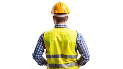 Back view of construction worker looking at something, standing