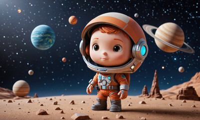 Naklejka premium A young astronaut stands on a rocky planet, gazing up at a starry sky and a ringed planet
