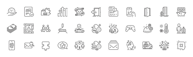 Overeating pills, Weather thermometer and Voicemail line icons. Pack of Search mail, Buildings, Buying process icon. Paint roller, Maze attention, Entrance pictogram. Open door, Baggage. Vector