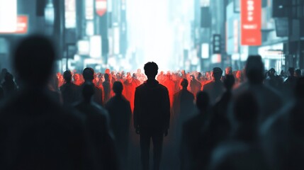 A lone figure stands out from a crowd of people in a city street.