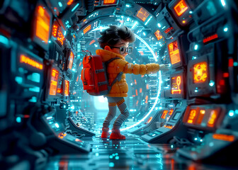Young adventurer exploring a futuristic tunnel filled with glowing technology