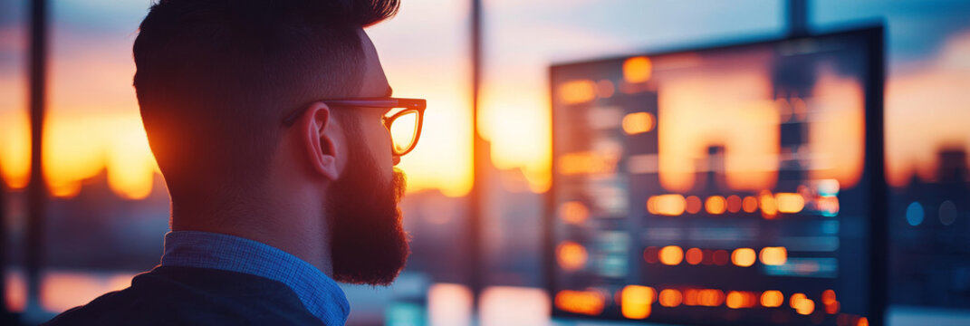Silhouette of a man looking at a computer screen during sunset.