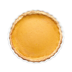 Tasty homemade pumpkin pie in baking dish isolated on white, top view
