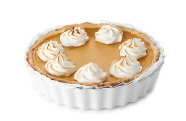 Tasty homemade pumpkin pie in baking dish isolated on white