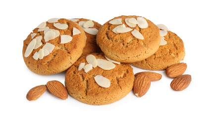 Tasty cookies with almonds isolated on white