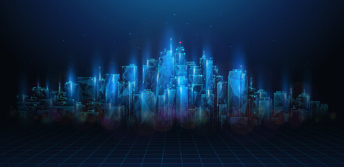 Abstract illustration of low poly future city building. Blue geometric tech background depicting digital smart futuristic cityscape, innovation skyline concept by wireframe connection structure