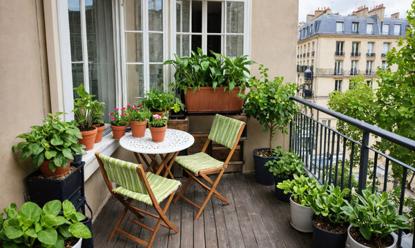 A small balcony in Paris is decorated with plants and flowers, with a table and chairs for enjoying a meal or a cup of coffee