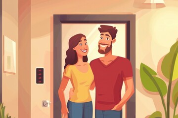 Fototapeta premium Greeting Friends. Happy Couple Welcoming Guests to Their Home